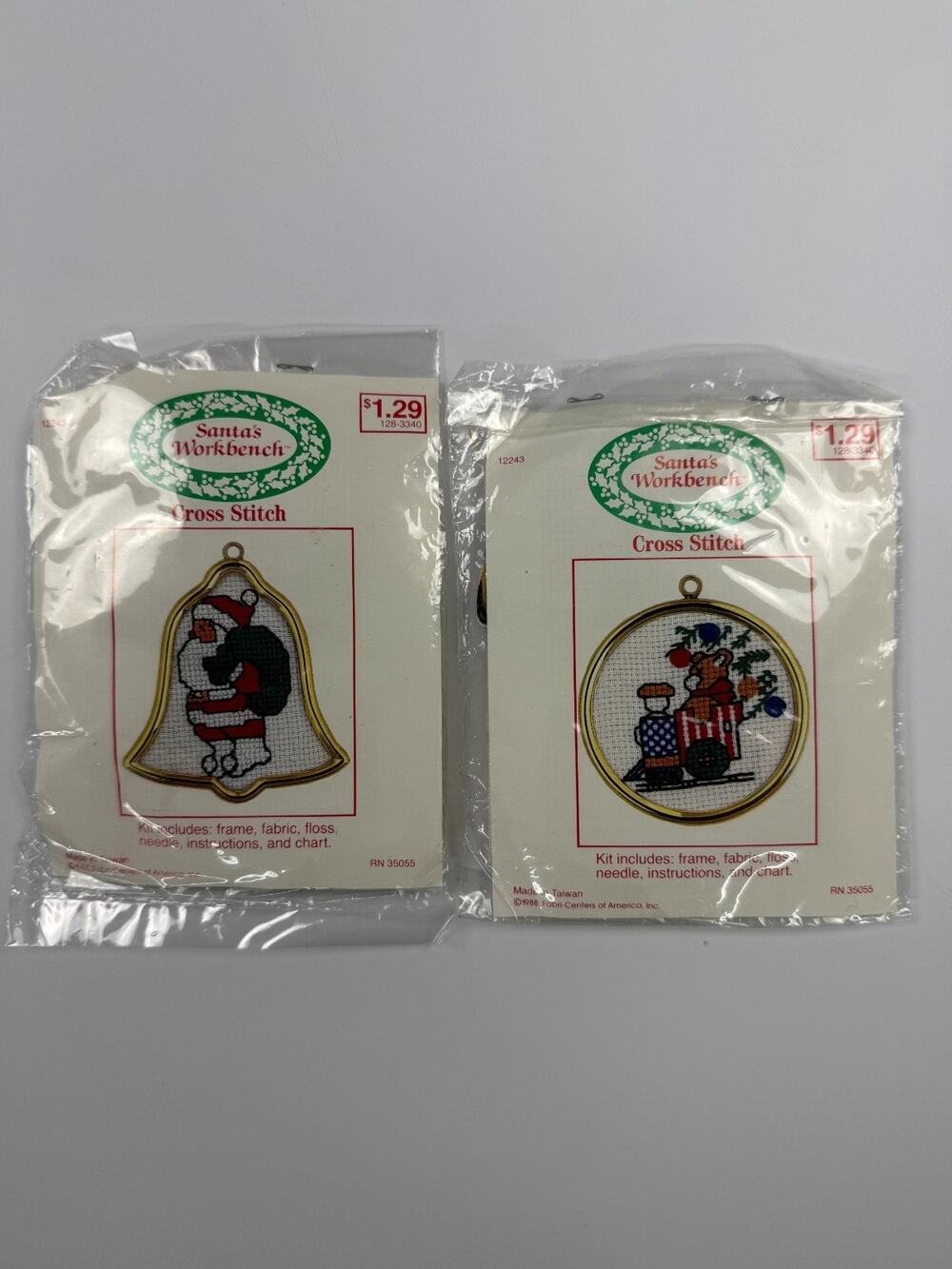 Santa's Workbench Counted Cross Stitch Ornament Kit w/Frames Lot of 2 1988 NIP